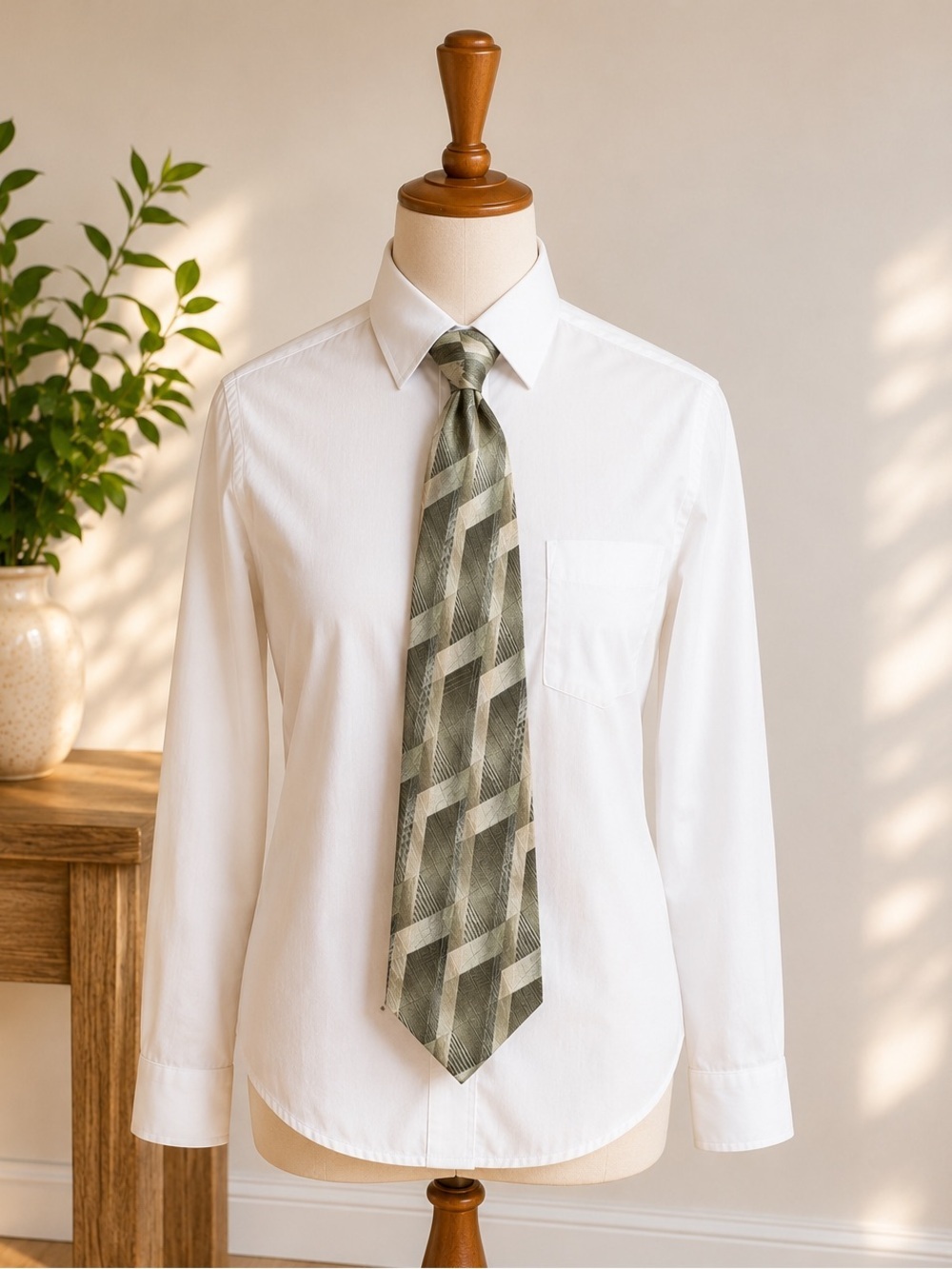 Y2K Whiteshirt Essentials 100% Silk Geometric Green Necktie